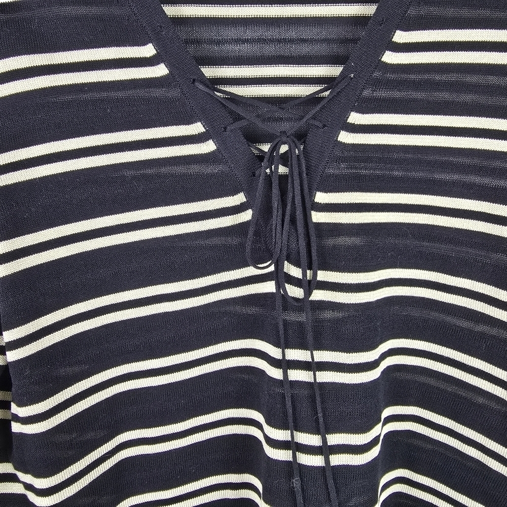 Akris Womens Cotton Silk Black Tan Striped Long Sleeve V Neck Lace Up Sweater 12 - Picture 4 of 9